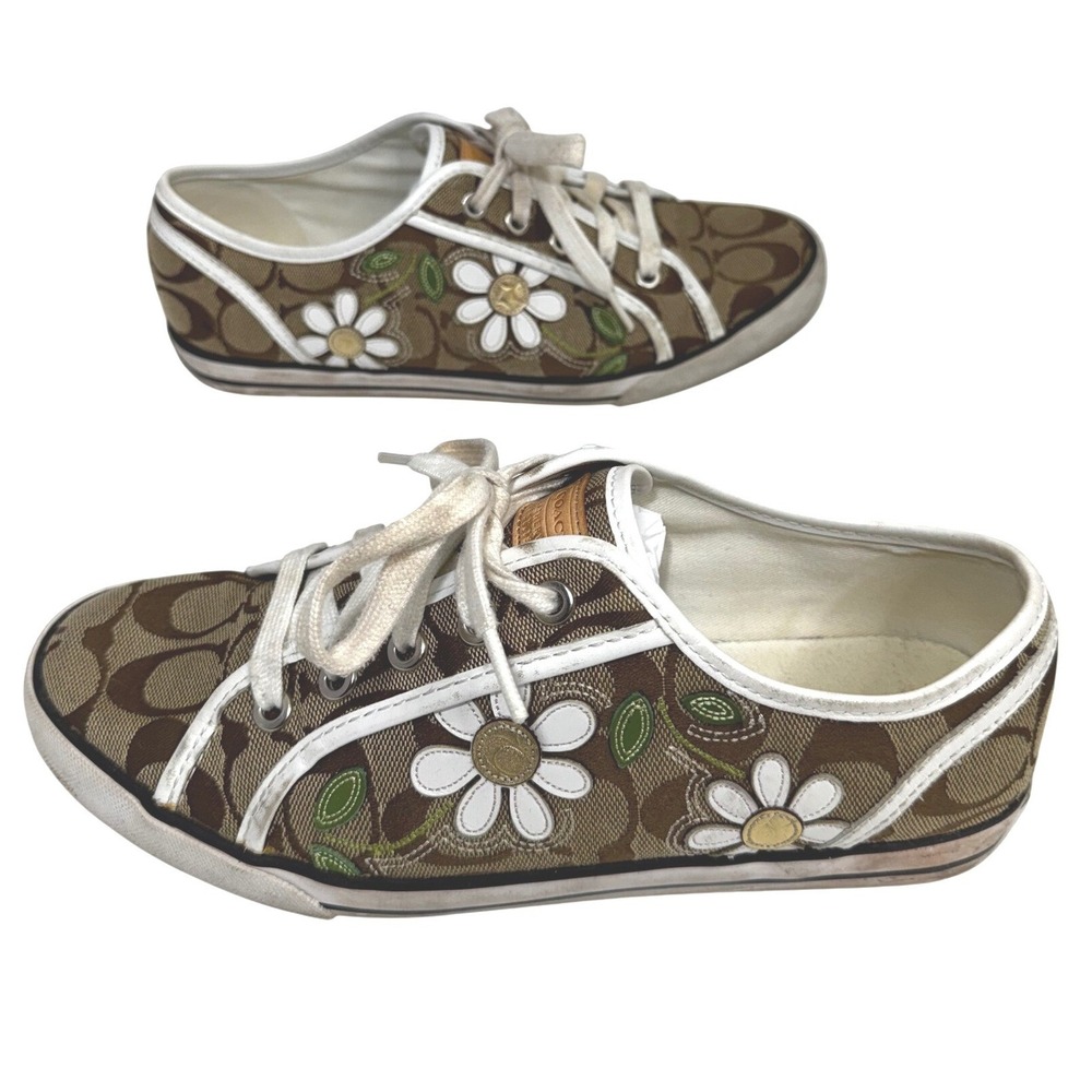 Coach Dee Signature Monogram Floral Daisy Low Top Sneakers Khaki White 8.5B Q991